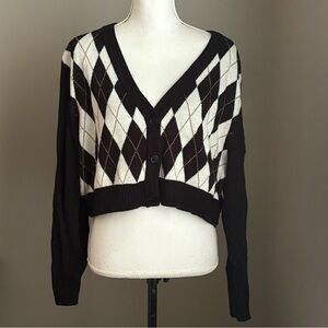 Divided Argyle Cropped Cardigan Sweater Womens XL V-Neck Button Preppy Academia